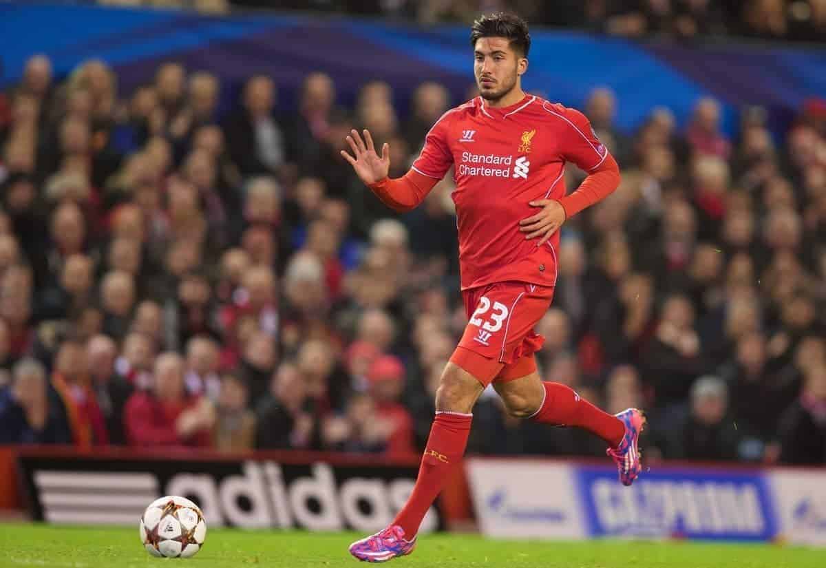 LIVERPOOL, ENGLAND - Wednesday, October 22, 2014: Liverpool's Emre Can in action against Real Madrid CF during the UEFA Champions League Group B match at Anfield. (Pic by David Rawcliffe/Propaganda)