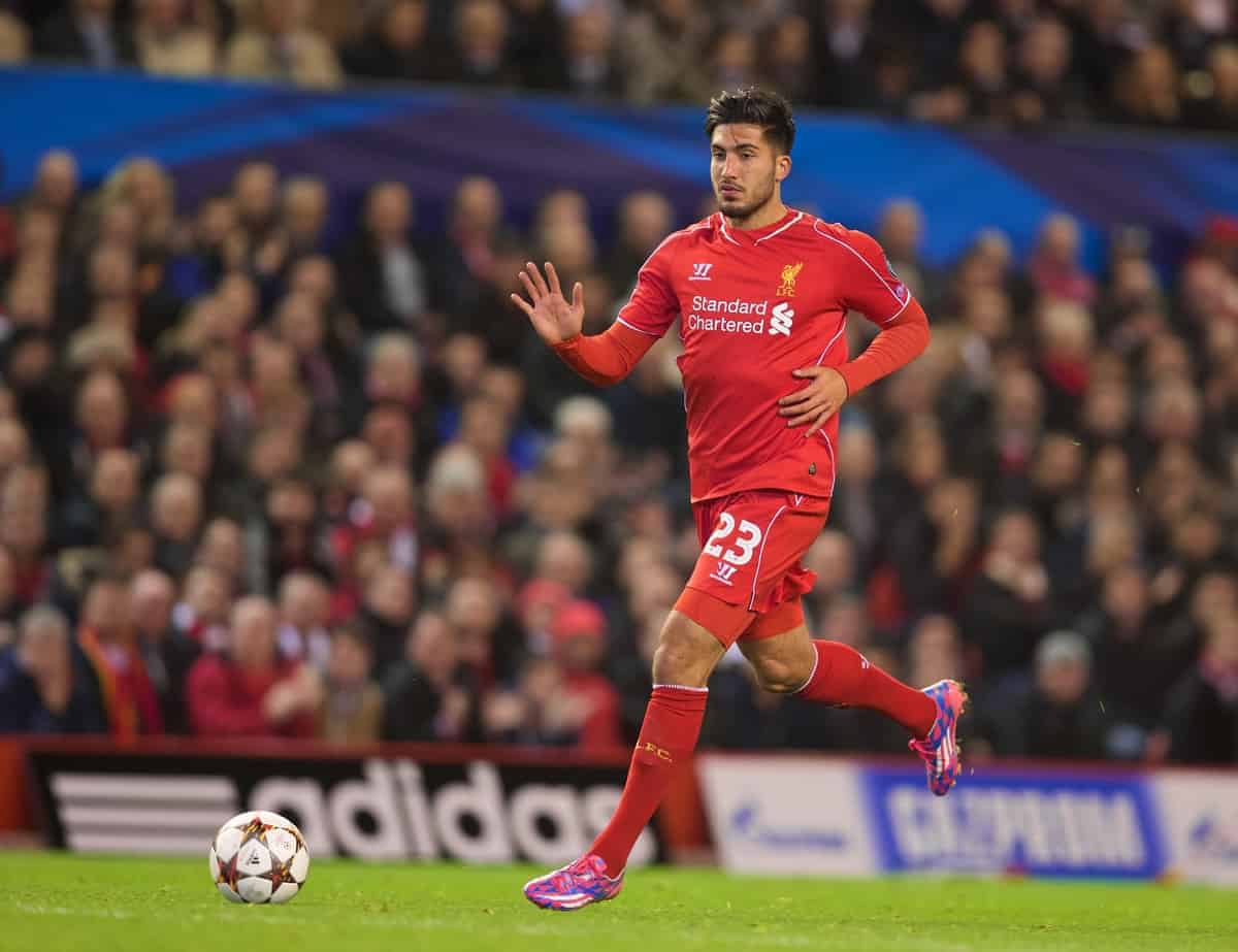 LIVERPOOL, ENGLAND - Wednesday, October 22, 2014: Liverpool's Emre Can in action against Real Madrid CF during the UEFA Champions League Group B match at Anfield. (Pic by David Rawcliffe/Propaganda)
