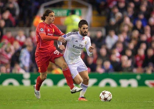 LIVERPOOL, ENGLAND - Wednesday, October 22, 2014: Liverpool's Lazar Markovic in action against Real Madrid CF's Isco during the UEFA Champions League Group B match at Anfield. (Pic by David Rawcliffe/Propaganda)