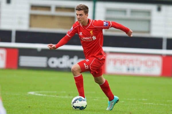 MOTSPUR PARK, ENGLAND - Sunday, October 26, 2014: Liverpool's Marc Pelosi in action against Fulham during the Under 21 FA Premier League match at Motspur Park. (Pic by David Rawcliffe/Propaganda)