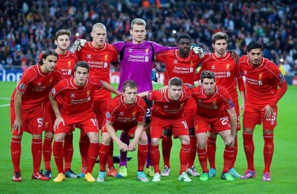 MADRID, SPAIN - Tuesday, November 4, 2014: Liverpool's players line up for a team group photograph before the UEFA Champions League Group B match against Real Madrid CF at the Estadio Santiago Bernabeu. Back row L-R: Adam Lallana, captain Martin Skrtel, goalkeeper Simon Mignolet, Kolo Toure, Fabio Borini, Emre Can. Front row L-R: Lazar Markovic, Javier Manquillo, Lucas Leiva, Alberto Moreno, Emre Can. (Pic by David Rawcliffe/Propaganda)