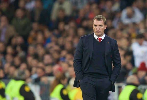 MADRID, SPAIN - Tuesday, November 4, 2014: Liverpool's manager Brendan Rodgers during the UEFA Champions League Group B match against Real Madrid at the Estadio Santiago Bernabeu. (Pic by David Rawcliffe/Propaganda)