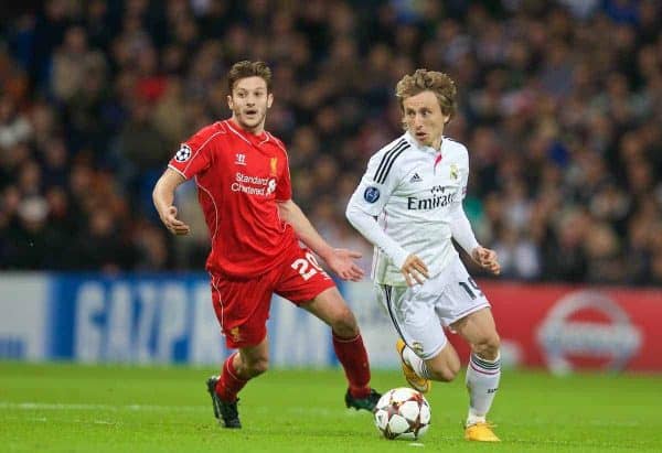 MADRID, SPAIN - Tuesday, November 4, 2014: Liverpool's Adam Lallana and Real Madrid's Luka Modric during the UEFA Champions League Group B match at the Estadio Santiago Bernabeu. (Pic by David Rawcliffe/Propaganda)