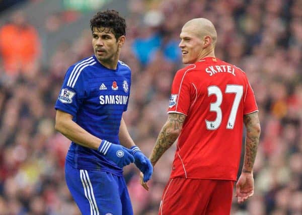 LIVERPOOL, ENGLAND - Saturday, November 8, 2014: Liverpool's Martin Skrtel in action against Chelsea's Diego Costa during the Premier League match at Anfield. (Pic by David Rawcliffe/Propaganda)