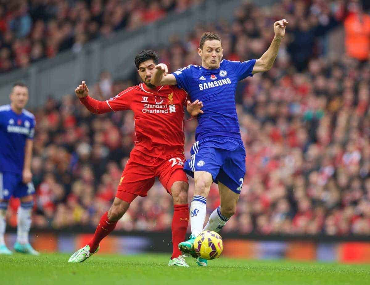 LIVERPOOL, ENGLAND - Saturday, November 8, 2014: Liverpool's Emre Can in action against Chelsea's Nemanja Matic during the Premier League match at Anfield. (Pic by David Rawcliffe/Propaganda)