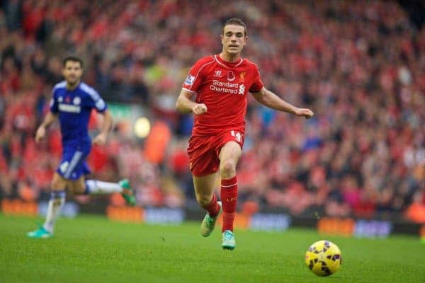 LIVERPOOL, ENGLAND - Saturday, November 8, 2014: Liverpool's Jordan Henderson in action against Chelsea during the Premier League match at Anfield. (Pic by David Rawcliffe/Propaganda)