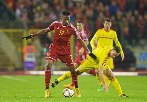 BRUSSELS, BELGIUM - Sunday, November 16, 2014: Wales' James Chester in action against Belgium's Divock Origi during the UEFA Euro 2016 Qualifying Group B game at the King Baudouin [Heysel] Stadium. (Pic by David Rawcliffe/Propaganda)