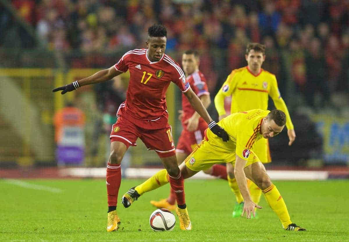 BRUSSELS, BELGIUM - Sunday, November 16, 2014: Wales' James Chester in action against Belgium's Divock Origi during the UEFA Euro 2016 Qualifying Group B game at the King Baudouin [Heysel] Stadium. (Pic by David Rawcliffe/Propaganda)