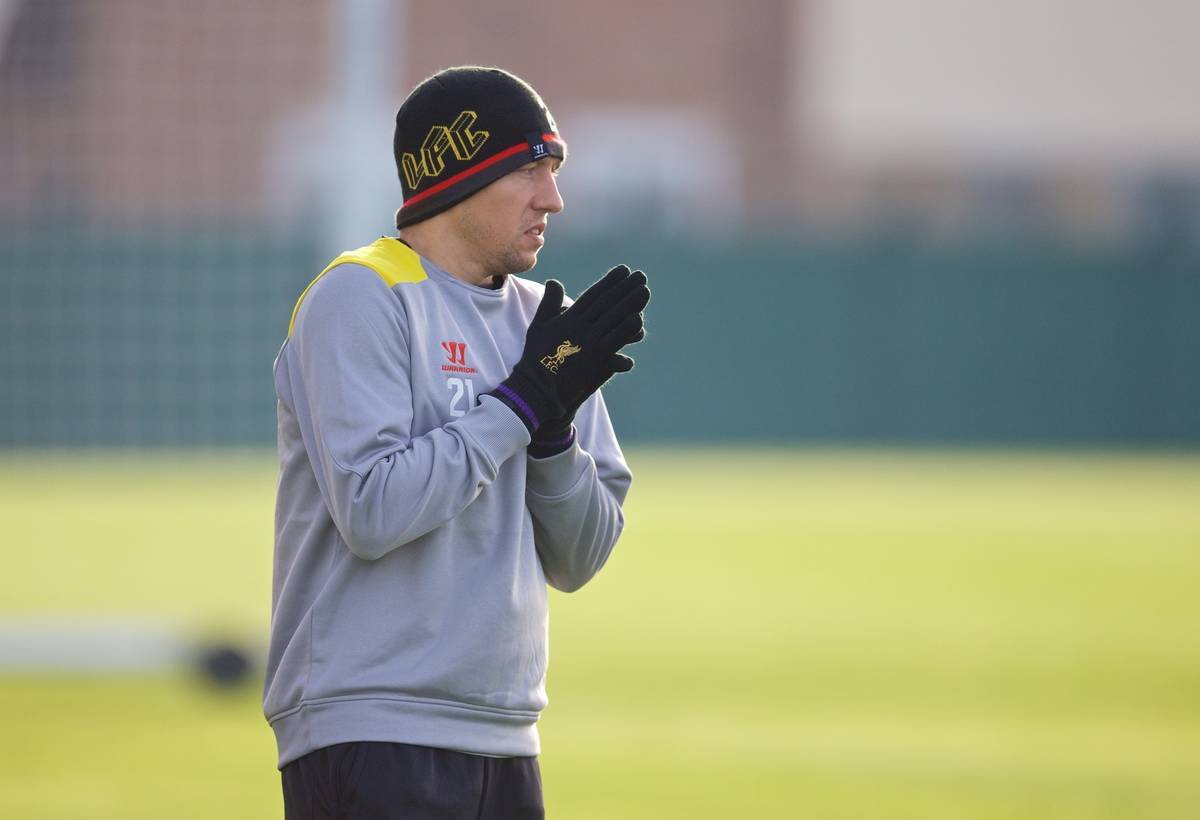 LIVERPOOL, ENGLAND - Tuesday, November 4, 2014: Liverpool's Lucas Leiva during a training session at Melwood Training Grounds ahead of the UEFA Champions League Group B match against PFC Ludogorets Razgrad. (Pic by David Rawcliffe/Propaganda)s