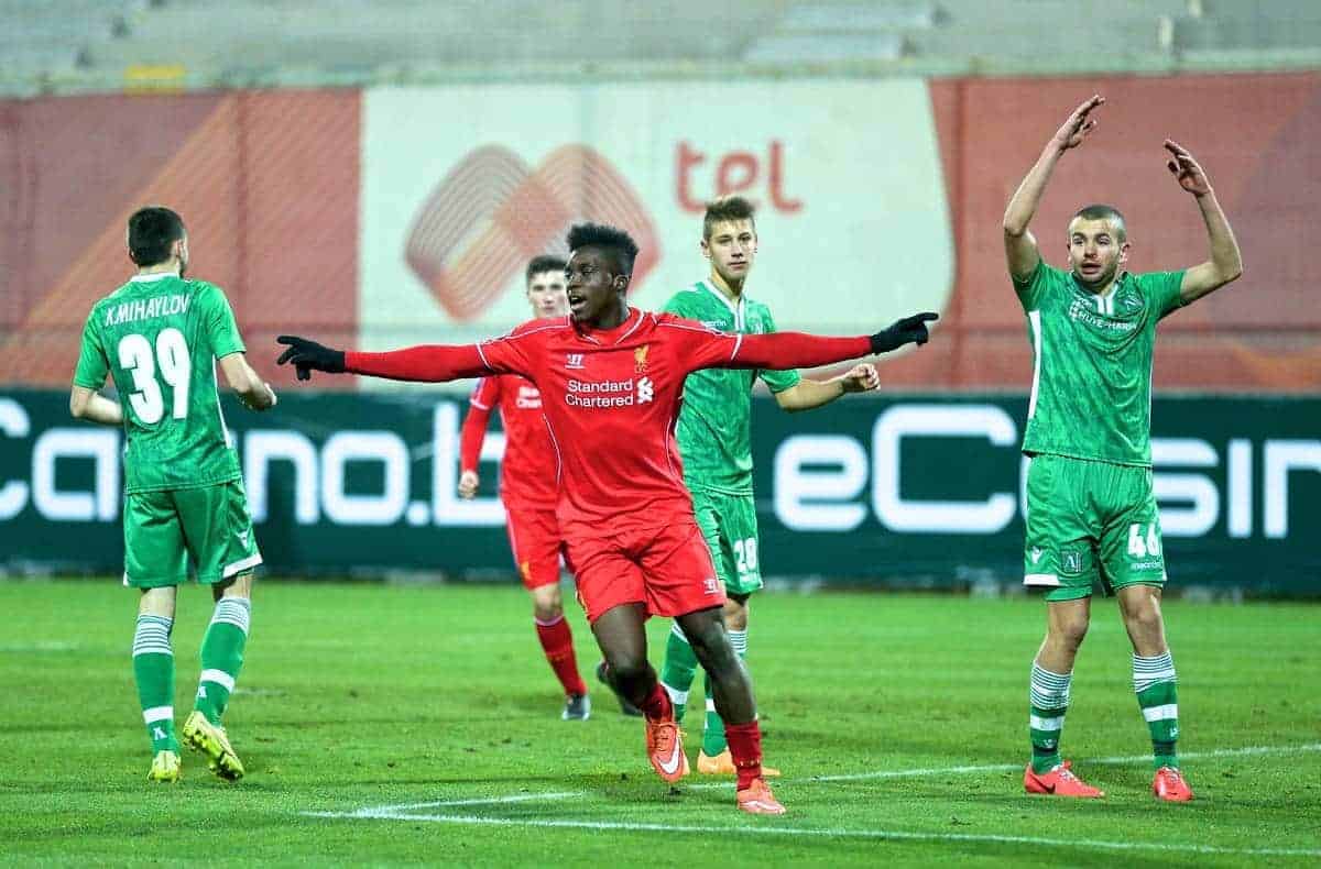 SOFIA, BULGARIA - Wednesday, November 26, 2014: Liverpool's Oviemuno Ejaria Sheyi Ojo celebrates scoring the third goal agains PFC Ludogorets Razgrad during the UEFA Youth League Group B match at the Georgi Asparuhov Stadium. (Pic by David Rawcliffe/Propaganda)