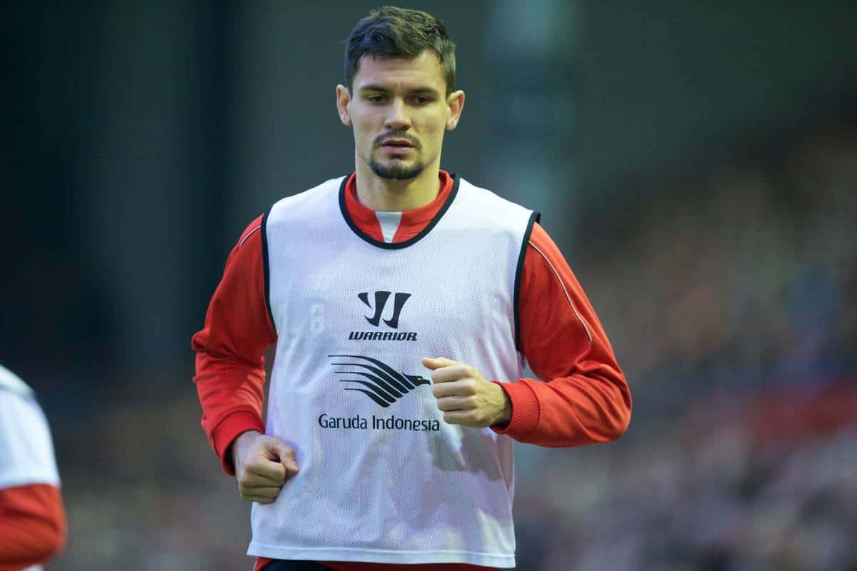 LIVERPOOL, ENGLAND - Saturday, November 29, 2014: Liverpool's substitute Dejan Lovren during the Premier League match against Stoke City at Anfield. (Pic by David Rawcliffe/Propaganda)