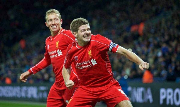 LEICESTER, ENGLAND - Tuesday, December 2, 2014: Liverpool's captain Steven Gerrard celebrates scoring the second goal against Leicester City with team-mate Lucas Levia during the Premier League match at Filbert Way. (Pic by David Rawcliffe/Propaganda)