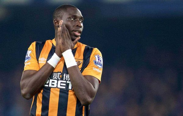 LIVERPOOL, ENGLAND - Wednesday, December 3, 2014: Hull City's Mohamed Diame looks dejected after missing a chance against Everton during the Premier League match at Goodison Park. (Pic by David Rawcliffe/Propaganda)