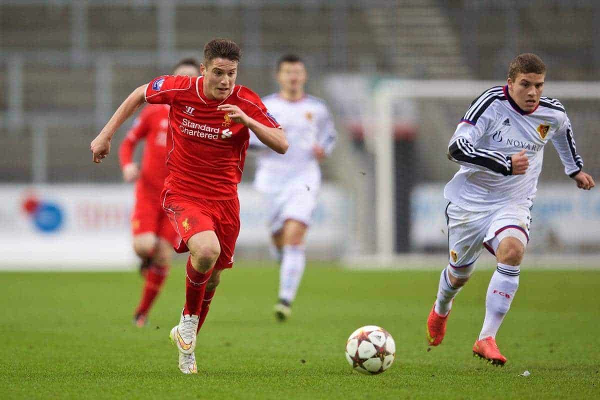 LIVERPOOL, ENGLAND - Tuesday, December 9, 2014: Liverpool's Sergi Canos in action against FC Basel's Antonio Fischer during the UEFA Youth League Group B match at Langtree Park. (Pic by David Rawcliffe/Propaganda)