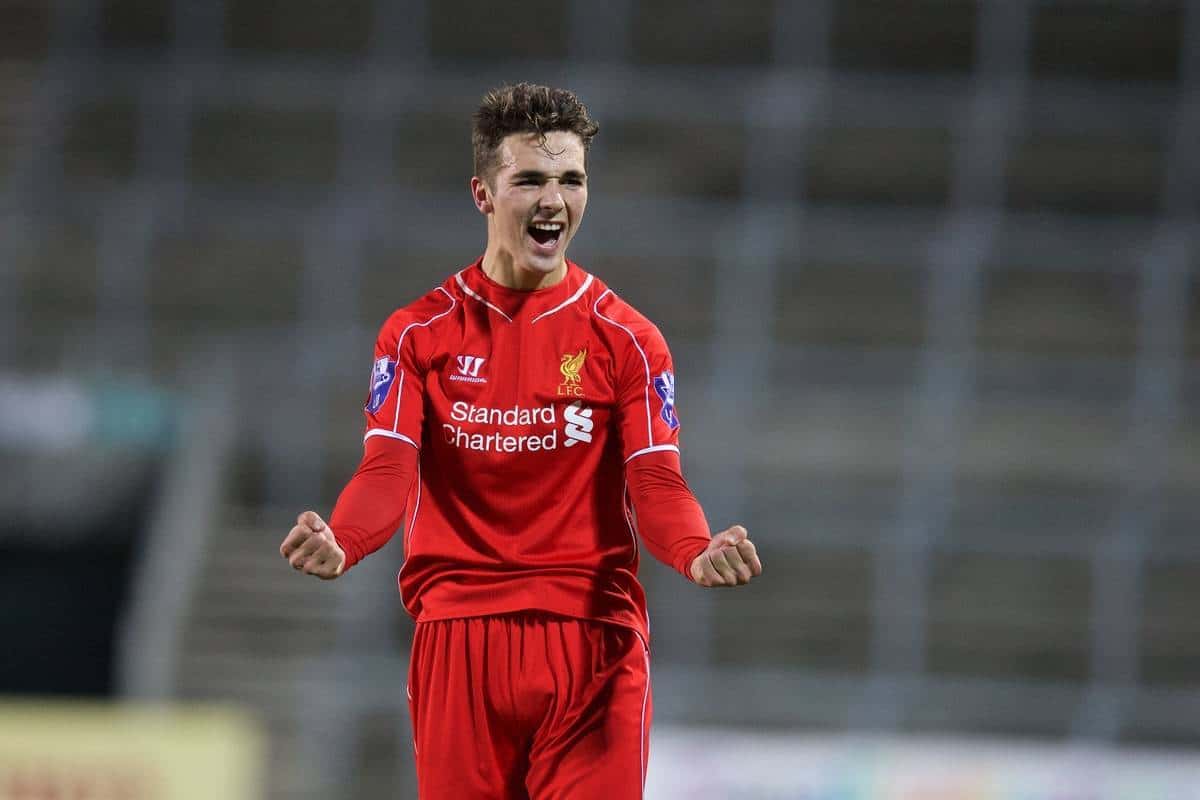 LIVERPOOL, ENGLAND - Tuesday, December 9, 2014: Liverpool's Adam Phillips celebrates beating FC Basel 3-0 during the UEFA Youth League Group B match at Langtree Park. (Pic by David Rawcliffe/Propaganda)