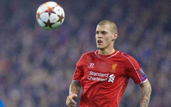 LIVERPOOL, ENGLAND - Tuesday, December 9, 2014: Liverpool's Martin Skrtel in action against FC Basel during the final UEFA Champions League Group B match at Anfield. (Pic by David Rawcliffe/Propaganda)