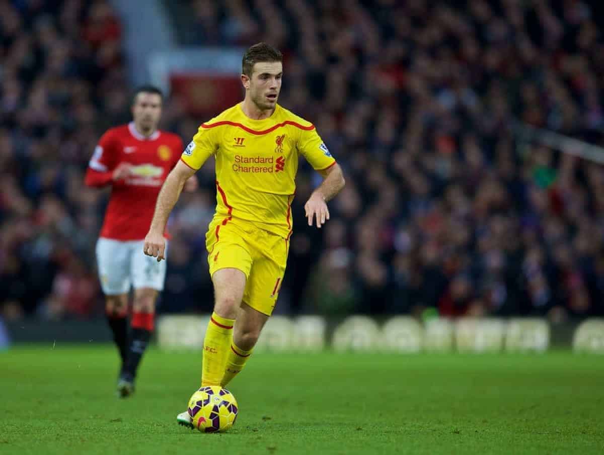 MANCHESTER, ENGLAND - Sunday, December 14, 2014: Liverpool's Jordan Henderson in action against Manchester United during the Premier League match at Old Trafford. (Pic by David Rawcliffe/Propaganda)