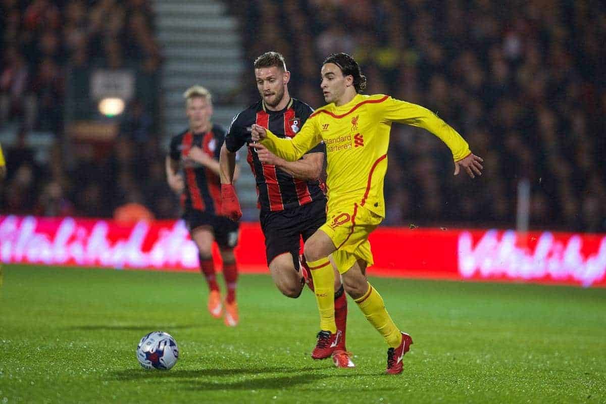 BOURNEMOUTH, ENGLAND - Wednesday, December 17, 2014: Liverpool's Lazar Markovic in action against Bournemouth during the Football League Cup 5th Round match at Dean Court. (Pic by David Rawcliffe/Propaganda)