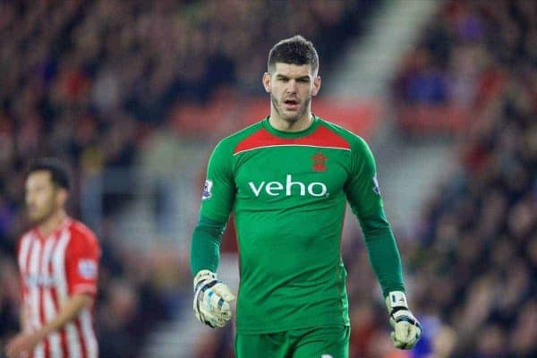 SOUTHAMPTON, ENGLAND - Saturday, December 20, 2014: Southampton's goalkeeper Fraser Forster in action against Everton during the FA Premier League match at St Mary's Stadium. (Pic by David Rawcliffe/Propaganda)