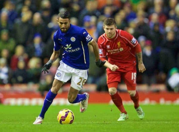 LIVERPOOL, ENGLAND - Thursday, New Year's Day, January 1, 2015: Leicester City's Riyad Mahrez in action against Liverpool during the Premier League match at Anfield. (Pic by David Rawcliffe/Propaganda)