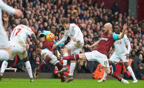 LONDON, ENGLAND - Saturday, January 2, 2016: Liverpool's Lucas Leiva in action against West Ham United's James Collins during the Premier League match at Upton Park. (Pic by David Rawcliffe/Propaganda)