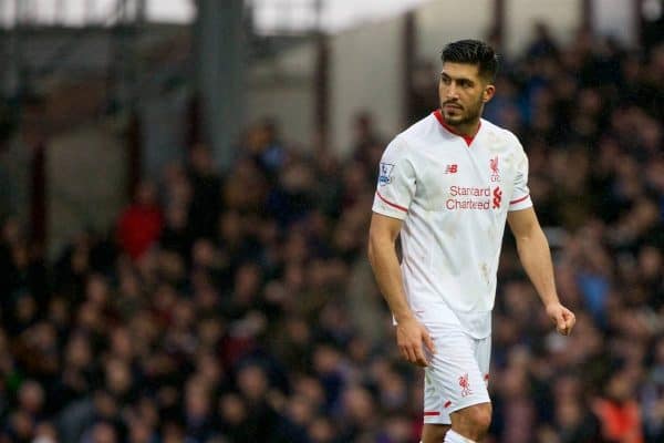 LONDON, ENGLAND - Saturday, January 2, 2016: Liverpool's Emre Can looks dejected as his side lose 2-0 to West Ham United after the Premier League match at Upton Park. (Pic by David Rawcliffe/Propaganda)