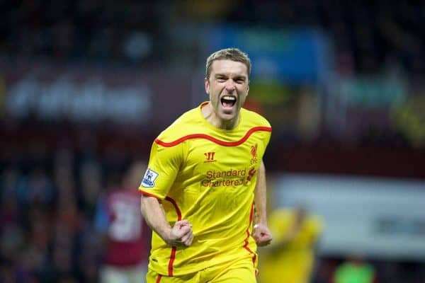 BIRMINGHAM, ENGLAND - Saturday, January 17, 2015: Liverpool's Rickie Lambert celebrates scoring the second goal against Aston Villa during the Premier League match at Villa Park. (Pic by David Rawcliffe/Propaganda)