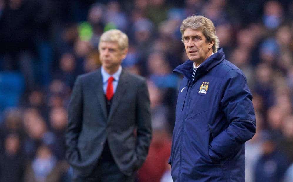 MANCHESTER, ENGLAND - Sunday, January 18, 2015: Manchester City's manager Manuel Pellegrini against Arsenal during the Premier League match at the City of Manchester Stadium. (Pic by David Rawcliffe/Propaganda)