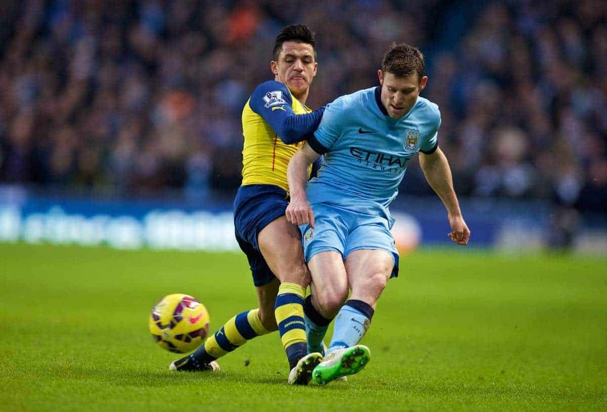 MANCHESTER, ENGLAND - Sunday, January 18, 2015: Manchester City's James Milner in action against Arsenal's Alexis Sanchez during the Premier League match at the City of Manchester Stadium. (Pic by David Rawcliffe/Propaganda)
