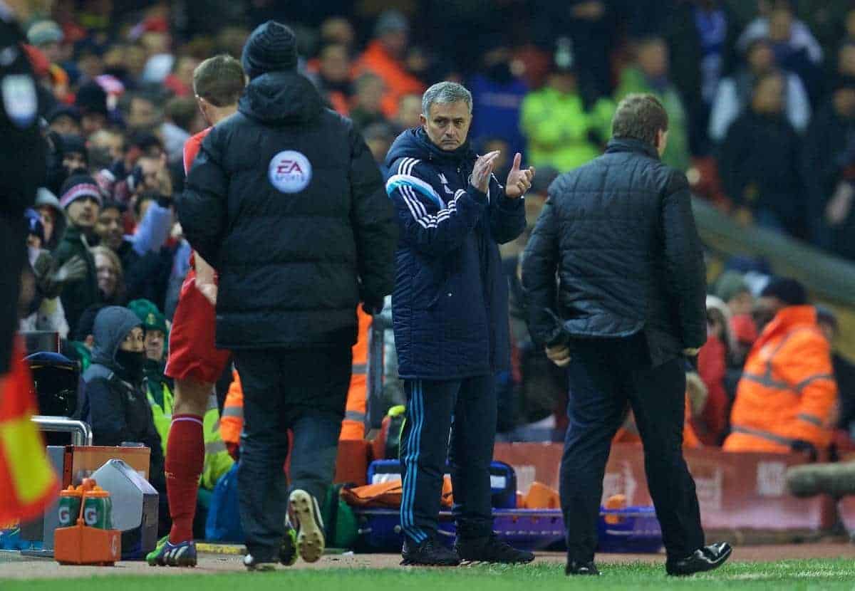 LIVERPOOL, ENGLAND - Tuesday, January 20, 2015: Chelsea's manager Jose Mourinho applauds Liverpool's captain Steven Gerrard during the Football League Cup Semi-Final 1st Leg match at Anfield. (Pic by David Rawcliffe/Propaganda)