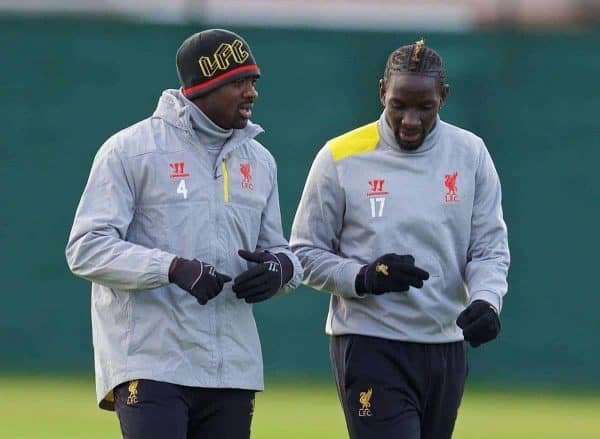 LIVERPOOL, ENGLAND - Wednesday, February 18, 2015: Liverpool's Kolo Toure and Mamadou Sakho during a training session ahead of the UEFA Europa League Round of 32 1st leg match against Besiktas JK at Melwood Training Ground. (Pic by David Rawcliffe/Propaganda)