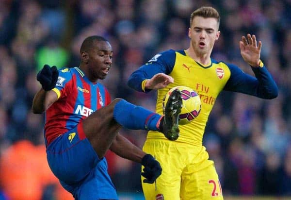 LONDON, ENGLAND - Saturday, February 21, 2015: Arsenal's Calum Chambers and Crystal Palace's Yannick Bolasie during the Premier League match at Selhurst Park. (Pic by David Rawcliffe/Propaganda)