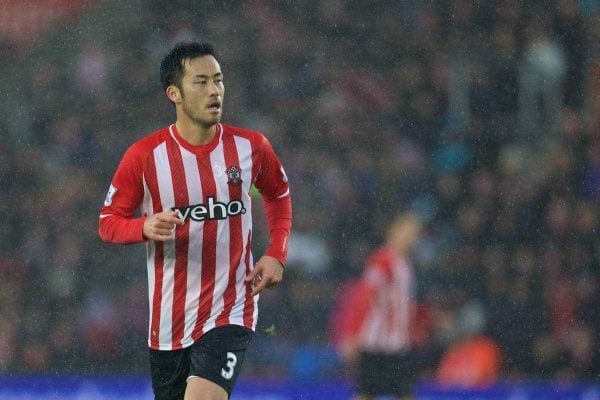 SOUTHAMPTON, ENGLAND - Sunday, February 22, 2015: Southampton's Maya Yoshida in action against Liverpool during the FA Premier League match at St Mary's Stadium. (Pic by David Rawcliffe/Propaganda)