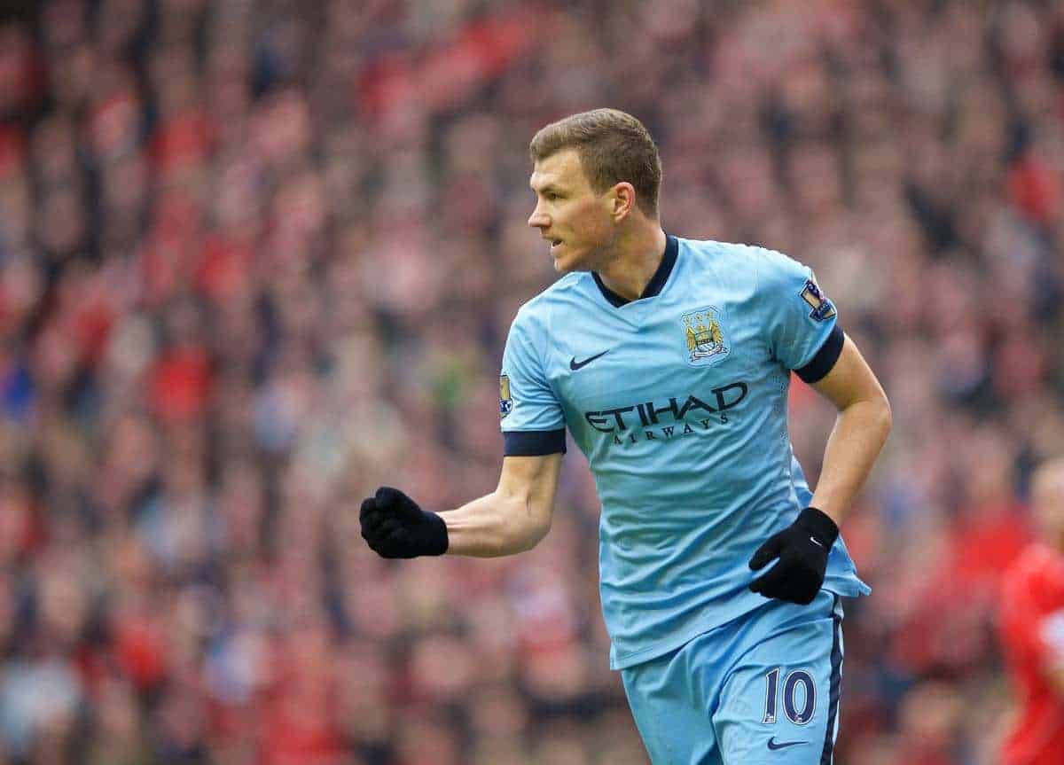 LIVERPOOL, ENGLAND - Sunday, March 1, 2015: Manchester City's Edin Dzeko celebrates scoring the first equalising goal against Liverpool to level the score at 1-1 during the Premier League match at Anfield. (Pic by David Rawcliffe/Propaganda)