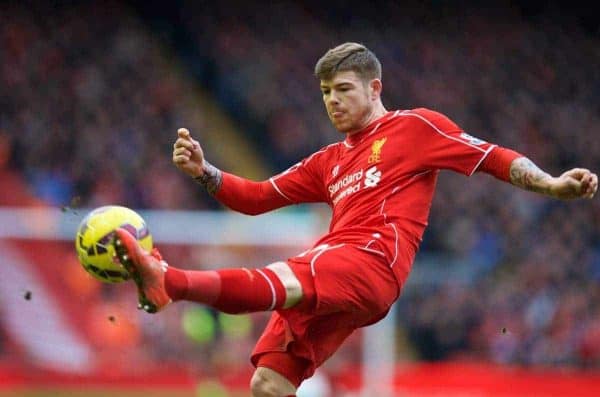 LIVERPOOL, ENGLAND - Sunday, March 1, 2015: Liverpool's Alberto Moreno in action against Manchester City during the Premier League match at Anfield. (Pic by David Rawcliffe/Propaganda)