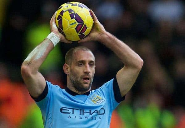 LIVERPOOL, ENGLAND - Sunday, March 1, 2015: Manchester City's Pablo Zabaleta in action against Liverpool during the Premier League match at Anfield. (Pic by David Rawcliffe/Propaganda)