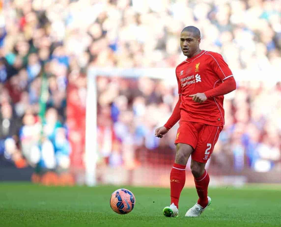 LIVERPOOL, ENGLAND - Sunday, March 8, 2015: Liverpool's Glen Johnson in action against Blackburn Rovers during the FA Cup 6th Round Quarter-Final match at Anfield. (Pic by David Rawcliffe/Propaganda)