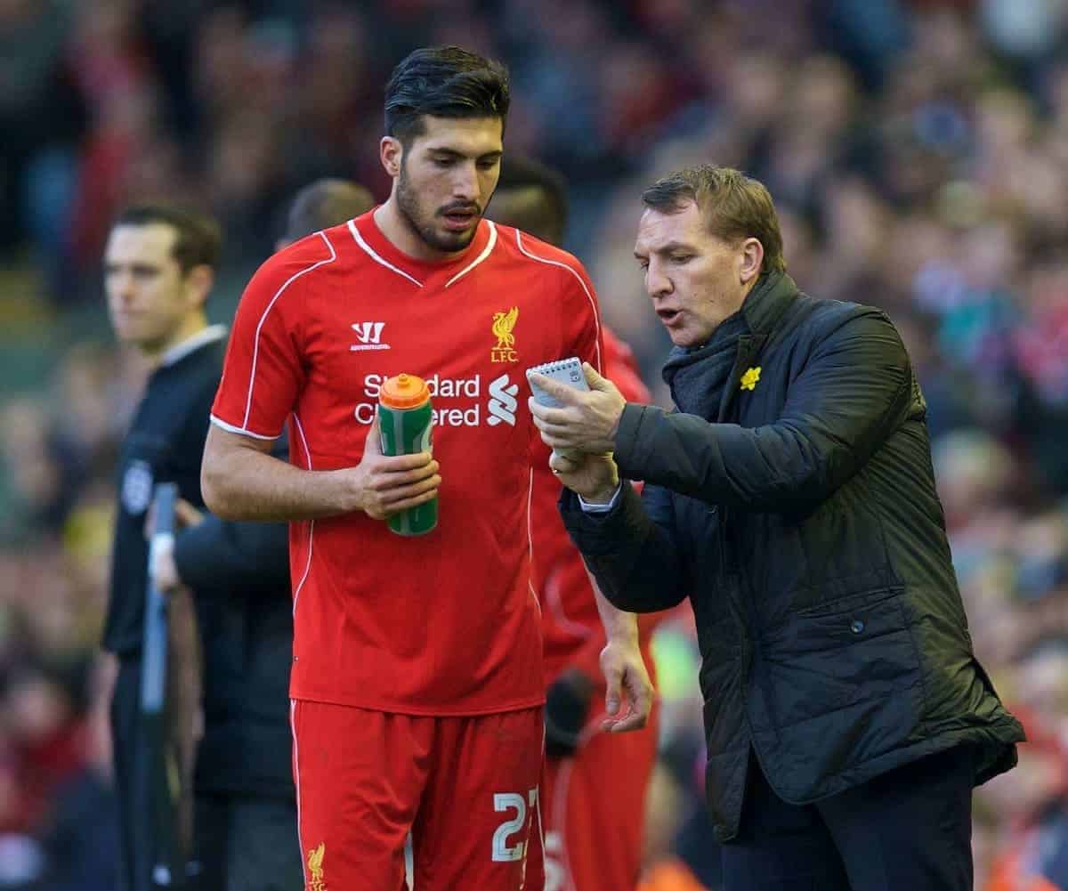 LIVERPOOL, ENGLAND - Sunday, March 8, 2015: Liverpool's manager Brendan Rodgers gives instructions to Emre Can during the FA Cup 6th Round Quarter-Final match against Blackburn Rovers at Anfield. (Pic by David Rawcliffe/Propaganda)