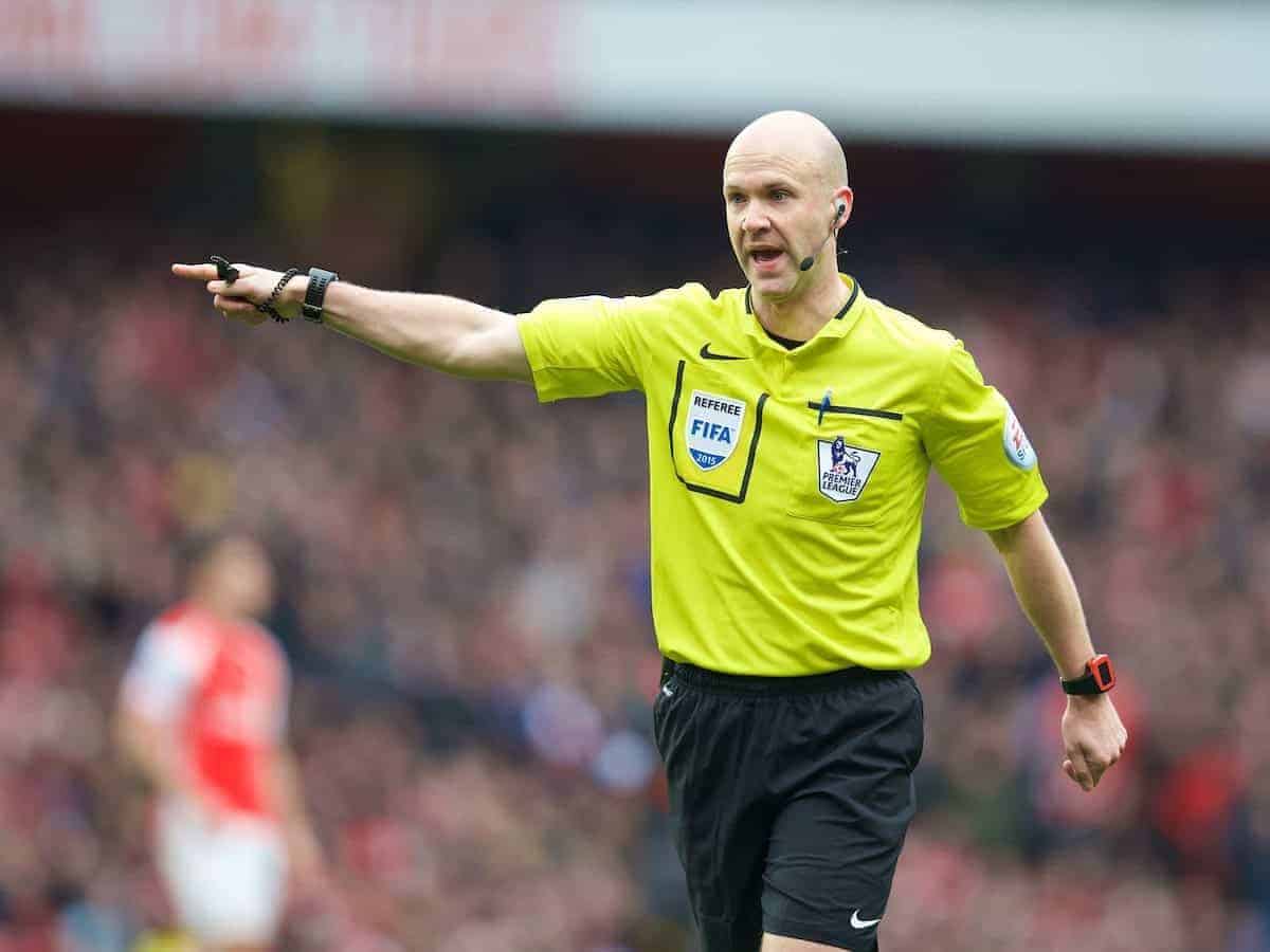 LONDON, ENGLAND - Saturday, April 4, 2015: Referee Anthony Taylor awards Liverpool a penalty against Arsenal during the Premier League match at the Emirates Stadium. (Pic by David Rawcliffe/Propaganda)