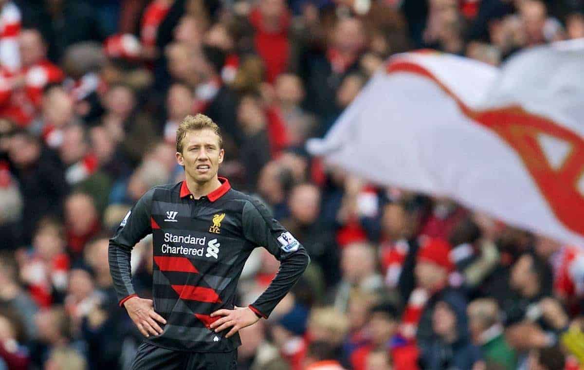 LONDON, ENGLAND - Saturday, April 4, 2015: Liverpool's Lucas Leiva looks dejected after Arsenal score the fourth goal during the Premier League match at the Emirates Stadium. (Pic by David Rawcliffe/Propaganda)