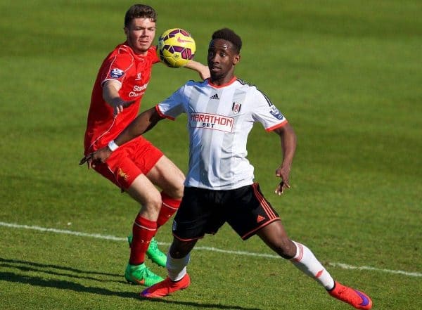 CHESTER, WALES - Tuesday, April 7, 2015: Fulham's Moussa Dembele in action against Liverpool during the Under 21 FA Premier League match at Deva Stadium. (Pic by David Rawcliffe/Propaganda)