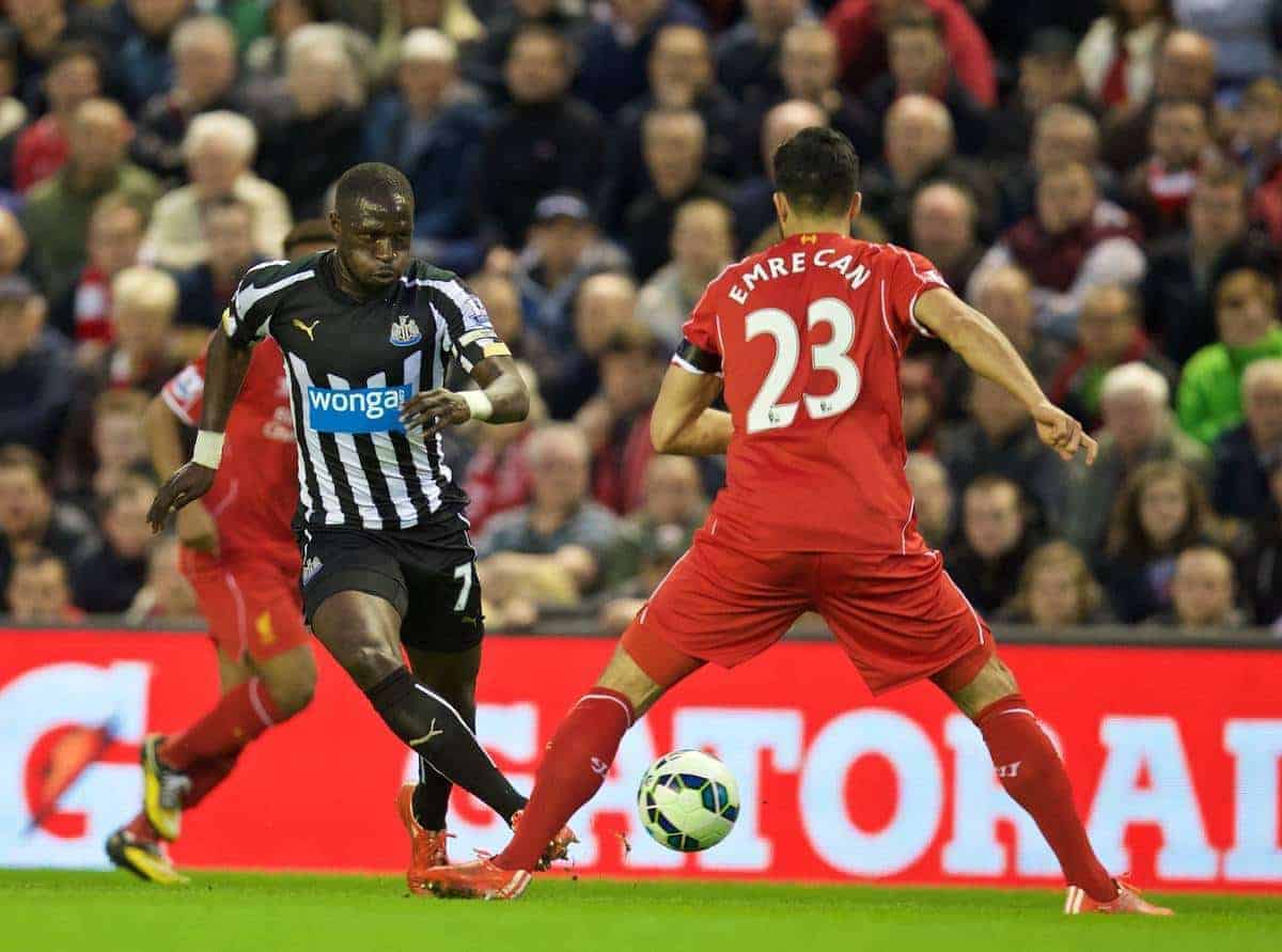 LIVERPOOL, ENGLAND - Monday, April 13, 2015: Newcastle United's Moussa Sissoko in action against Liverpool during the Premier League match at Anfield. (Pic by David Rawcliffe/Propaganda)