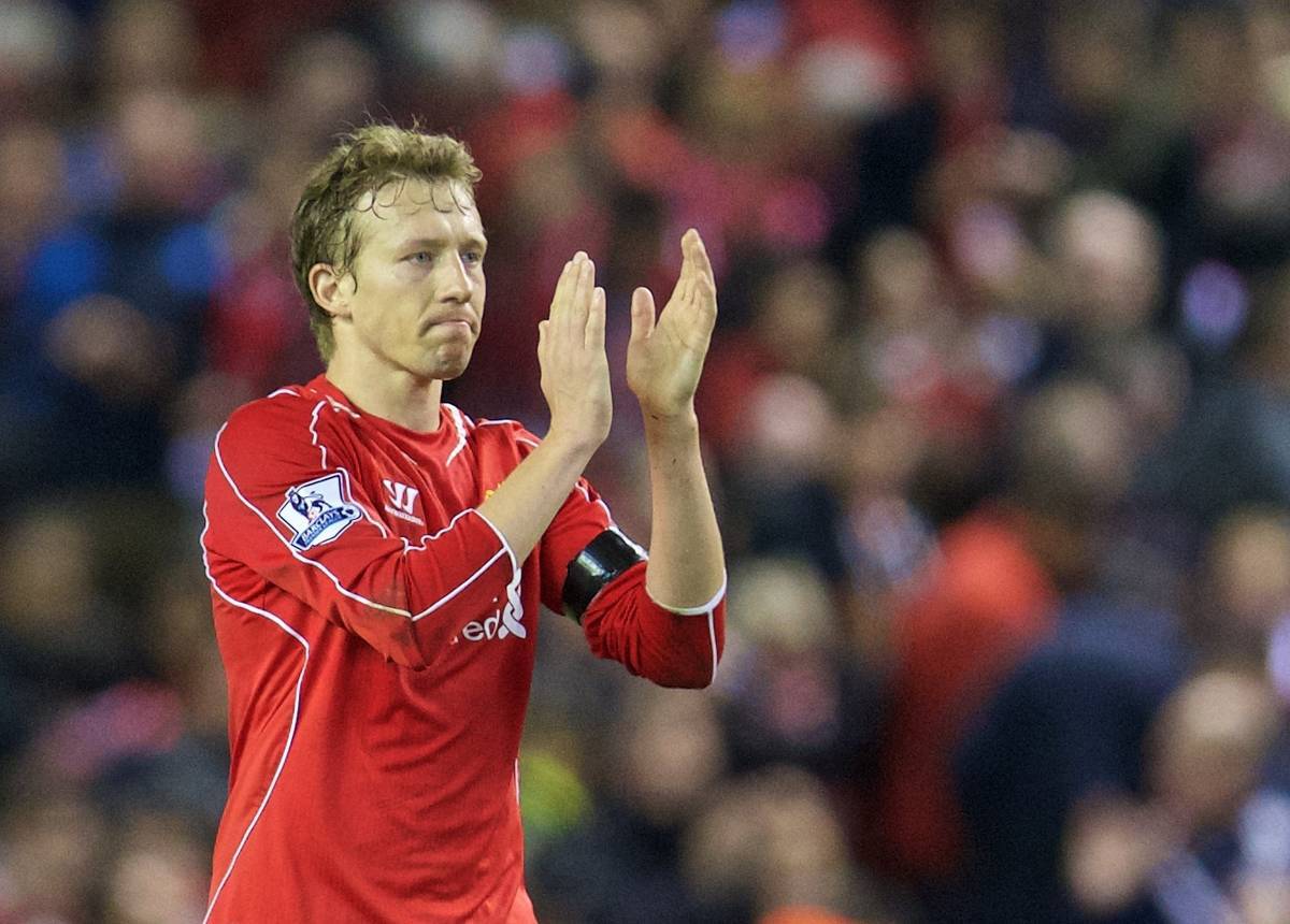 LIVERPOOL, ENGLAND - Monday, April 13, 2015: Liverpool's Lucas Leiva applauds the supporters after the Premier League match against Newcastle United at Anfield. (Pic by David Rawcliffe/Propaganda)