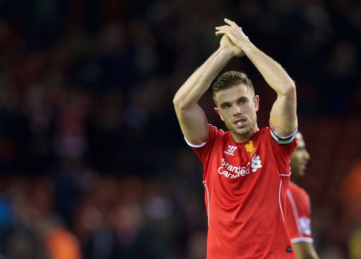 LIVERPOOL, ENGLAND - Monday, April 13, 2015: Liverpool's captain Jordan Henderson applauds the supporters after the Premier League match against Newcastle United at Anfield. (Pic by David Rawcliffe/Propaganda)