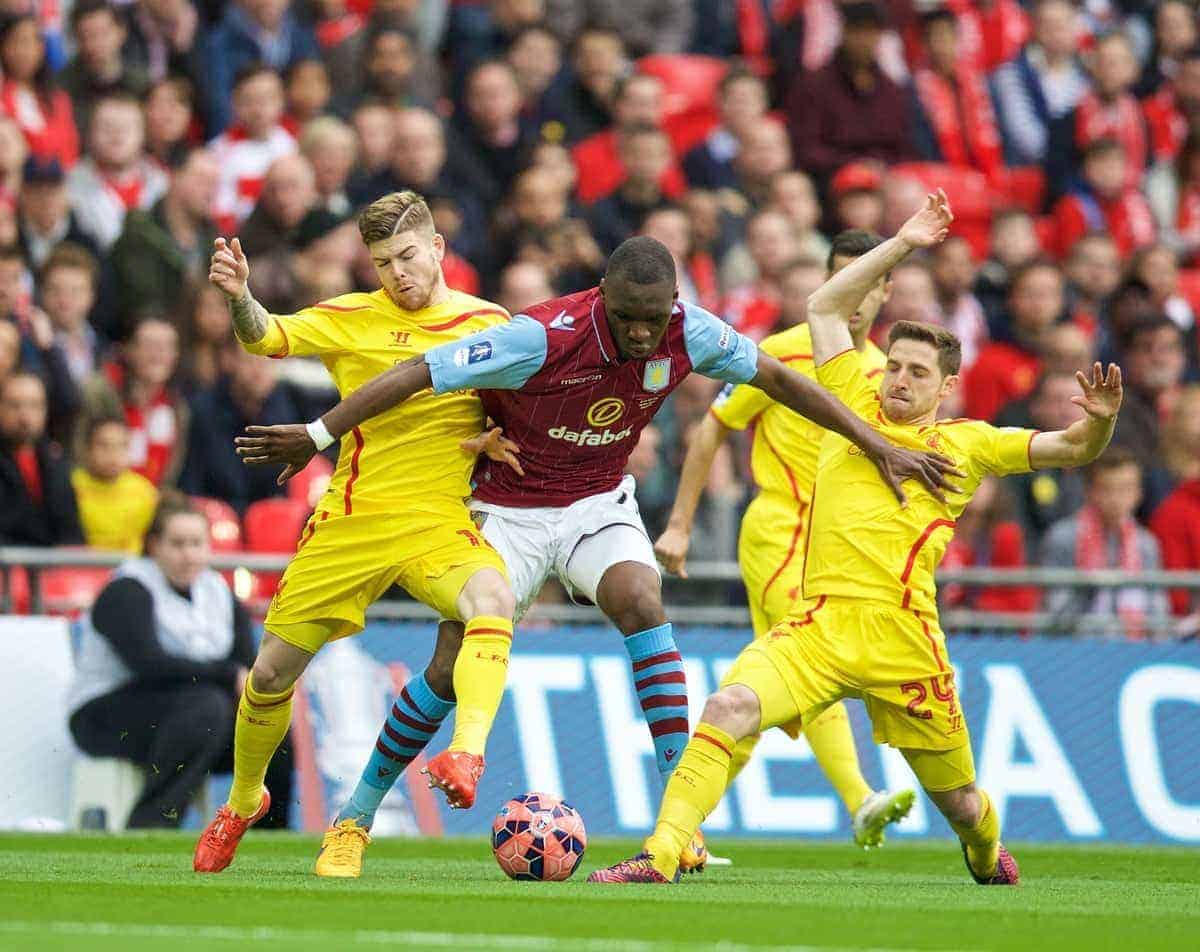 LONDON, ENGLAND - Sunday, April 19, 2015: Liverpool's Alberto Moreno and Joe Allen tackle Aston Villa's Christian Benteke during the FA Cup Semi-Final match at Wembley Stadium. (Pic by David Rawcliffe/Propaganda)