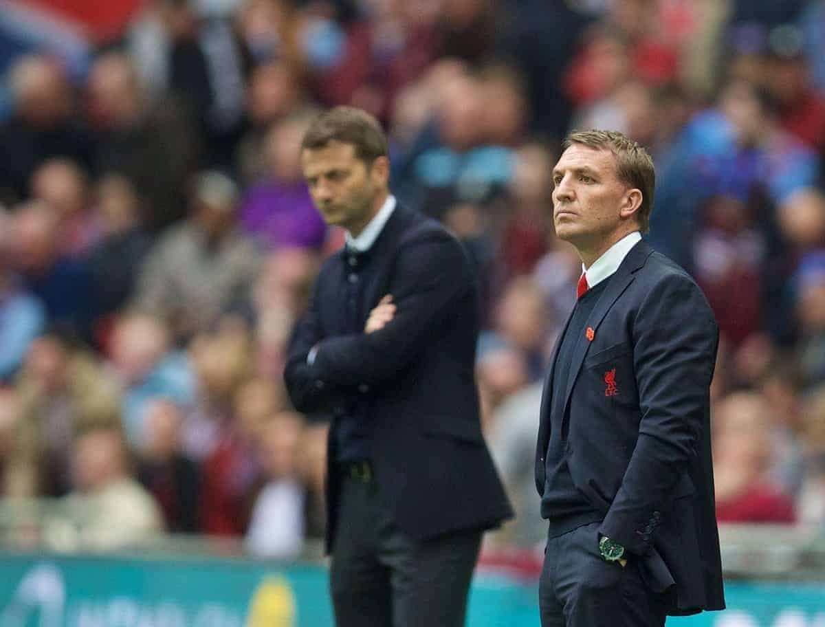 LONDON, ENGLAND - Sunday, April 19, 2015: Liverpool's manager Brendan Rodgers and Aston Villa's manager Tim Sherwood during the FA Cup Semi-Final match at Wembley Stadium. (Pic by David Rawcliffe/Propaganda)