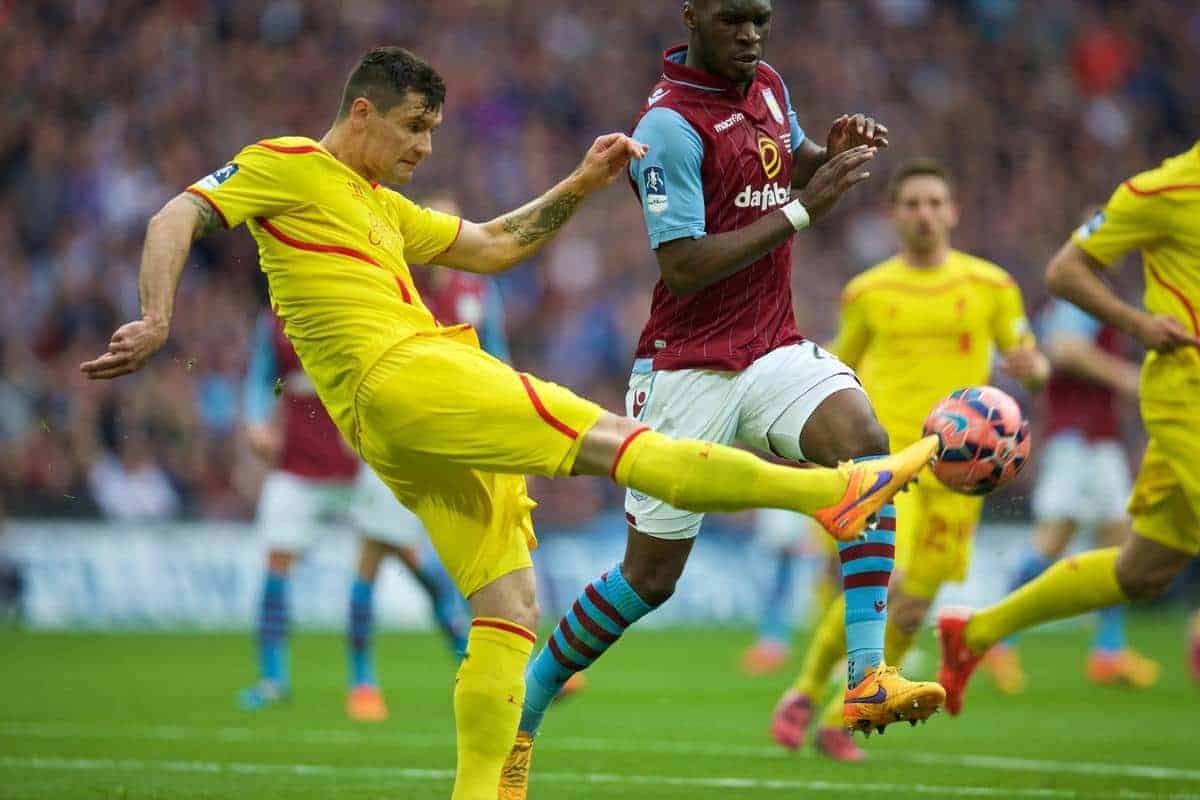 LONDON, ENGLAND - Sunday, April 19, 2015: Liverpool's Dejan Lovren in action against Aston Villa's Christian Benteke during the FA Cup Semi-Final match at Wembley Stadium. (Pic by David Rawcliffe/Propaganda)