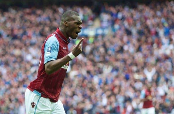 LONDON, ENGLAND - Sunday, April 19, 2015: Aston Villa's Christian Benteke celebrates scoring the first equalising goal against Liverpool during the FA Cup Semi-Final match at Wembley Stadium. (Pic by David Rawcliffe/Propaganda)