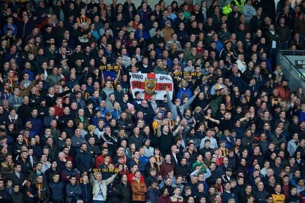 KINGSTON-UPON-HULL, ENGLAND - Tuesday, April 28, 2015: Hull City supporters during the Premier League match against Liverpool at the KC Stadium. (Pic by David Rawcliffe/Propaganda)