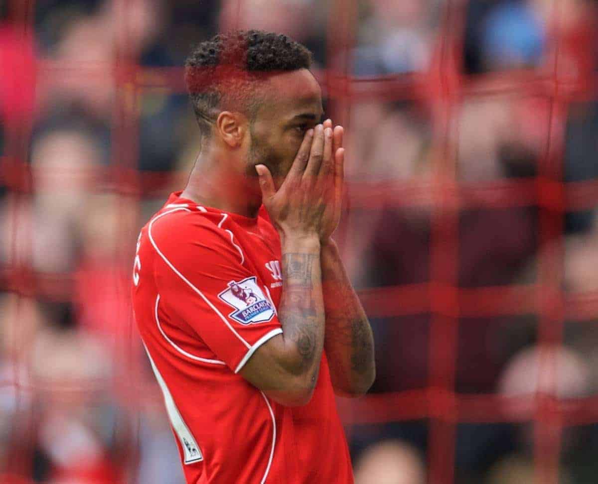 LIVERPOOL, ENGLAND - Saturday, May 2, 2015: Liverpool's Raheem Sterling looks dejected after missing a chance against Queens Park Rangers during the Premier League match at Anfield. (Pic by David Rawcliffe/Propaganda)